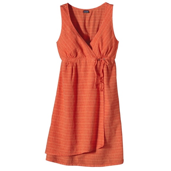patagonia island hemp crossover dress in peachy orange stripe - Picture 2 of 7